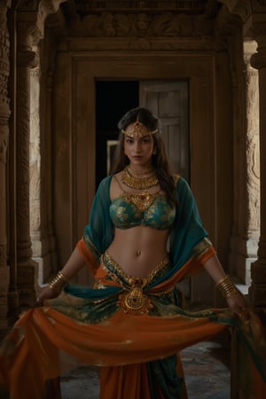 A cinematic masterpiece: The Goddess of Kamasutra stands elegantly within an ancient temple's intricately carved walls, navel (1) subtly accentuated by her flowing saree. Traditional gold ornaments glimmer under sharp, Arri Alexa LF-captured lighting, while bold makeup and elaborate drapery showcase her sensual features. Exquisite skin texture and subtle shading create a warm, mysterious ambiance, as teal and orange hues dance across the frame.