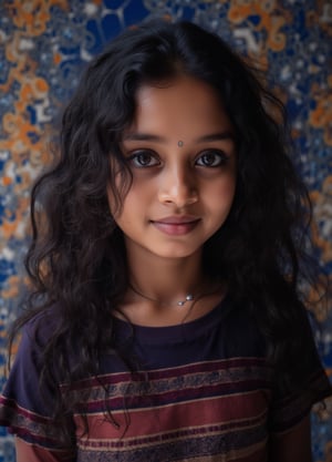 Capture a masterpiece of photography featuring a stunning girl with long, curly black hair (1.1) and intricate details in her school uniform, complete with a miniskirt and random colors. The scene is set in front of a striking fractal pattern (abstract) that creates a sense of depth and dimensionality. Professional HDR lighting (8k UHD RAW photo) casts a cinematic glow, accentuating the subject's features while also capturing the subtle play of iridescent lighting on her skin. Jewelry (1.4) adorns her neck, drawing attention to her radiant smile as she faces the viewer directly. The image is rendered in breathtaking detail, with every curl of hair and fold of fabric meticulously captured. Apply a realistic LUT for a true-to-life representation.,SH,Yakshi28 