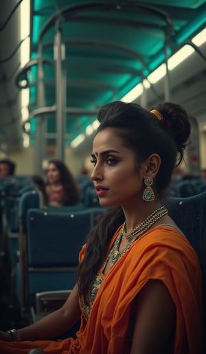 A beautiful mallu women in a train,  morden dress, futuristic atmosphere, realistic  raw photo, details, 32k, cinematic color grading, skin texture, Teal and orange color lighting 