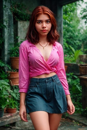 A solo 17 yo girl with po red hair and small breasts looks directly at the viewer from a cowboy shot indoors. She's wearing a black miniskirt and thighhighs, her collarbone and navel visible. A necklace and earrings adorn her neck. Her parted lips are emphasized as she holds a bag, with a blurry background to focus attention on her. The overall style is realistic, with a focus on shopping,  showcasing her bare shoulders and navel. She's wearing denim shorts and an off-the-shoulder pink shirt, with a small mole visible above her lips. The overall style is realistic, with a focus on casual fashion featuring short shorts, 