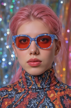 A vibrant, close-up portrait of a young woman with pink hair, wearing oversized, colorful sunglasses, and patterned turtleneck, abstract, textured background | pop art style, bold colors, detailed, highly stylized | photorealistic | studio lighting
,cinematic , film grain, Short telephoto focal length, shot on ALEXA 65