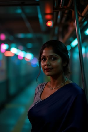 A beautiful mallu women, teal and orange colour lighting in background, futuristic subway, pipeline , wires, light indicators, intricate background, realism,realistic,raw,analog,portrait,photorealistic, taken by Canon EOS,SIGMA Art Lens 35mm F1.4,ISO 200 Shutter Speed 2000,Vivid picture,Mallu beauty, The atmosphere is fun and inviting, featuring colors like black, blue, dark blue, dark purple, gray, light green, purple, and orange. Neon lights in pink, blue, and green illuminate the space, creating a bokeh and Depth of Fieldeffect. The focus is on the girl from the torso to the head, captured in a cinematic style with a Sony A7R IV full-frame camera,Mallu beauty,futuristicportrait,Mallu beauty 