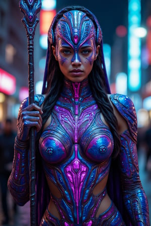 The cyberpunk empress, Extreme Upper Body Closeup Portrait, Neon blue and purple color graded, Face partially covered by robotic casing, , analog Photo of a fierce armored cyber warrior with a staff entwined with glowing digital symbols, action pose, featuring a relentless, translucent armour and clothing, a cape. She is depicted in a rainy city with a digital sky. The glowing neon outlines define the rugged lines of her form, reflective armor. The armor includes a rich purple chest piece with detailed hieroglyphic patterns.,NivethaPethurajFlux