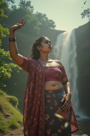 A stunning Big navel woman standing near Athirappilly waterfalls, bikini, Miro bikini, cinematic shot, ultra-realistic details, midriff exposed, Deep navel, sunlight illuminating her face, light rays filtering through the trees, lush greenery around, falling leaves gently drifting from the trees, mist from the waterfall adding a dreamy effect, dramatic depth of field, 8K resolution.,Fantasy Regal Artgem,XChrisx