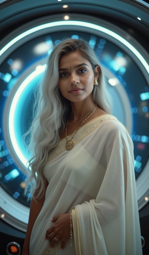 A stunning, realistic photography of a 25-year-old Malayali (Mallu) girl, white skin extreme white hair, radiating youthful beauty. She is dressed in traditional Indian attire, featuring a Kerala pattupavada—a beautiful, flowing Kerala gown—and a matching blouse. A delicately draped shawl (sholl) adds an elegant touch to her outfit, highlighting her cultural heritage.

The background contrasts with her traditional look, set inside a futuristic spacecraft with a Mars Effect game theme. The environment is filled with advanced technology, with holographic displays, sleek metallic surfaces, and soft neon lighting that creates an otherworldly ambiance. The lighting subtly illuminates her face, enhancing her natural beauty and creating a blend of old-world charm and futuristic aesthetics.

The overall composition focuses on her serene and graceful presence, emphasizing her traditional attire against the backdrop of a high-tech, space-age setting. This creates a captivating fusion of culture and science fiction, making the image both visually striking and unique.