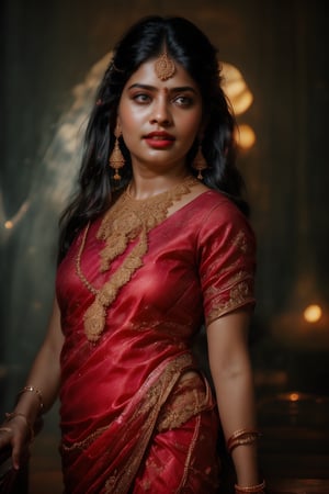 A beautiful Indian 26yo  girl wearing a traditional saree, draped in a style that reveals navel. Turtle neck blouse:2, The saree is richly colored and adorned with intricate patterns and embroidery, with a matching blouse (choli) that has short sleeves and a deep neckline. The pallu of the saree is gracefully  over her shoulder cover with blouse, , falling softly to one side, while her navel is tastefully visible where the saree is wrapped around her waist. She is adorned with traditional jewelry, including a maang tikka, jhumka earrings, a nose ring, bangles, and anklets. Her skin has a warm tone, and her long, dark hair is styled either in a loose braid or cascading waves. The setting is softly lit, focusing on her elegant pose and the cultural richness of her attire, with warm, natural lighting that enhances the details of the fabric and her jewelry.

cinematic angle, (cinematic shadows, bokeh, depth of field:1.3) , (High detail RAW Photo), (extremely detailed skin, photorealistic, heavy shadow, dramatic and cinematic lighting, key light, fill light), sharp focus, cinematic, imperfect skin, fabrics, textures, detailed face, detailed skin, detailed fingers, NaturalHand2-3500, analog film photo Deep photo,depth of field,ferrania p30 film,shadows, perfect face and body, dimly lit, nervous, harsh camera flash, faded film, desaturated, 35mm photo, grainy, Kodachrome, Lomography, stained, highly detailed, found footage,, (black hair, covered cleavage, 
A flapper girl stands poised in a smokey atmosphere, bathed in ethereal light that accentuates her stunning features. Her fair skin glows under cinematic lighting, as she gazes directly into the camera with perfect eyes and a beautiful nose. Her Drill Spring-inspired hairstyle is perfectly coiffed, framing her face, background intricate details and complex patterns that seem to leap off the screen in hyper-maximalist fashion.  with detailed decoration and lines that exude opulence. In stunning HDR and UHD, this unreal engine creation pops with gorgeous light and shadow., matrix,poakl, 5 fingers on each hands,better_hands