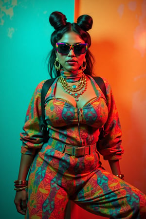 A stylish Mallu girl with a curvy, sexy figure poses confidently in a modern, non-traditional outfit adorned with traditional ornaments. She wears oversized, colorful sunglasses and a bold, patterned turtleneck that stands out against a teal and orange background, graded with cinematic color tones. The scene captures a complex, action-oriented pose reminiscent of cyberpunk themes from Blade Runner and The Matrix, set in a highly stylized, photorealistic CGI environment. The abstract, textured background adds a pop art flair with bold, vibrant colors, enhancing the modern, high-quality 32K masterpiece. Studio lighting accentuates every detail, bringing a mix of traditional elements and futuristic vibes together in this dynamic composition,xamala,Amala Paul