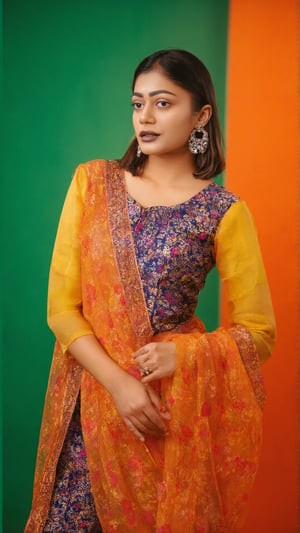 a woman dressed in a traditional Indian outfit stands in front of a vibrant orange backdrop. The woman's outfit is adorned with a yellow blouse, adorned with blue, red, and orange accents. She is wearing a pair of silver earrings, and a ring on her finger. Her hair is styled in a sleek bob, and her eyes are focused on the camera. She has a serious expression on her face, and she is wearing black lipstick. Her left hand is draped over her right shoulder, adding a touch of contrast to her outfit. The backdrop is a combination of green and orange, creating a striking contrast to the woman's body.