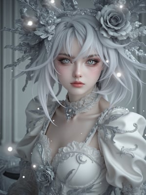 Silver perm hair, 27 year old Finnish girl, porcelain pale skin, subtle light, glossy red lips, delicate grey eyes with long white eyelashes, intense gaze, glowing pupils match her dress, which is completed by a gorgeous white silk costume decorated with an intricate grey rose pattern. A deep V-neck adds to the dramatic mood, and mysterious sparkling white particles float around, creating a magical atmosphere. The pure white wall with light shows the meticulous attention to detail, with every hair and dress's ornate decorations depicted in high definition in this highly realistic photograph. (Photorealistic: 1.4), (Masterpiece, Illustration-realistic: 1.1),Cosplay 