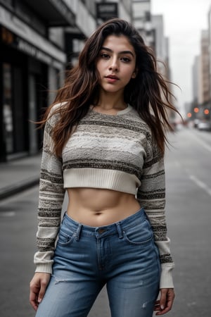 1girl, solo, long hair, looking at viewer, brown hair, shirt, long sleeves, navel, brown eyes, upper body, midriff, striped, pants, blurry, sweater, lips, blurry background, denim, hands on hips, striped shirt, realistic