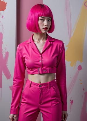 A striking abstract fashion shoot featuring a beautiful pink supermodel with a straight pink bob hairstyle in sexy obscure clothes, obscure locations, obscure poses, obscure make up