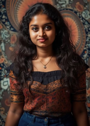 Capture a masterpiece of photography featuring a stunning girl with long, curly black hair (1.1) and intricate details in her school uniform, complete with a miniskirt and random colors. The scene is set in front of a striking fractal pattern (abstract) that creates a sense of depth and dimensionality. Professional HDR lighting (8k UHD RAW photo) casts a cinematic glow, accentuating the subject's features while also capturing the subtle play of iridescent lighting on her skin. Jewelry (1.4) adorns her neck, drawing attention to her radiant smile as she faces the viewer directly. The image is rendered in breathtaking detail, with every curl of hair and fold of fabric meticulously captured. Apply a realistic LUT for a true-to-life representation.,SH,Yakshi28 