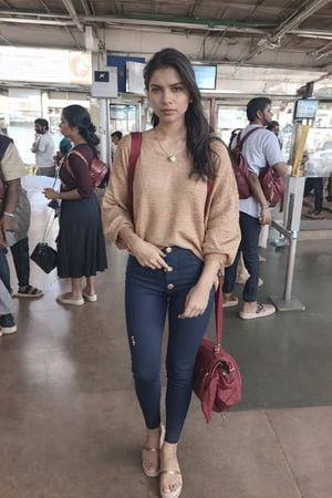 Ultra realistic full body photo of petite  italian female model  modeling upscale dolman sleeve travel inspired grunge knit silk outfit with cool metallic elements zippers buttons clips  in new york,Railway station,Thrissur