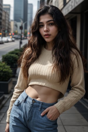 1girl, solo, long hair, looking at viewer, brown hair, shirt, long sleeves, navel, brown eyes, upper body, midriff, striped, pants, blurry, sweater, lips, blurry background, denim, hands on hips, striped shirt, realistic