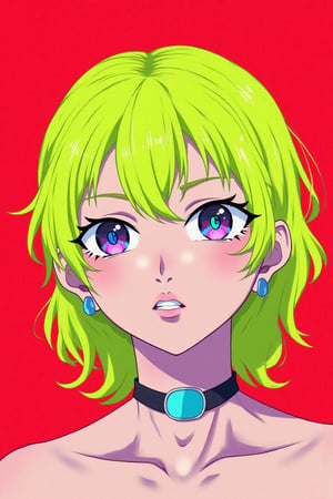 anime,BREAK, Vibrant pastel colors, limited_palette, restricted_palette, 1girl, smug, piercing neon eyes, Neon, magazine_cover, bright lime green hair, flat red background, head_tilt, heterochromia,xamala