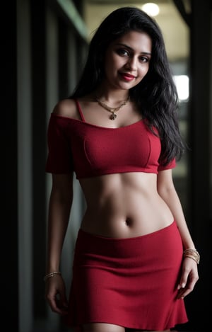 1girl, solo, long hair, looking at viewer, smile, black hair, dress, jewelry, standing, necklace, blurry, Red dress, bracelet, realistic, 28 years old, dark skin , dim light, drak atmosphere, low light , Midriff , plumb, curvy_figure 