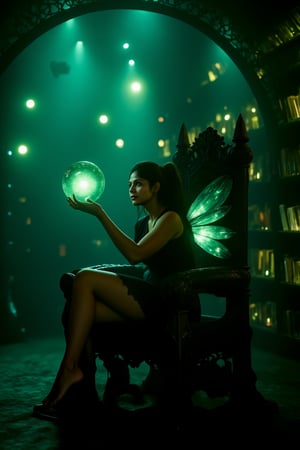 1girl, HKMagic, A beautiful fairy wearing black sheer pantyhose,  with glowing wings is sitting in crystalz throne in magic library as she looks at big green orb of magic and spells. She has detailed facial features and there is a glowing green light in the background with cinematic lighting, fairycore, hkmagic, masterpiece, best quality, highly detailed, sharp focus, dynamic lighting, no shoes, black pantyhose, full body shot,Mallu beauty 