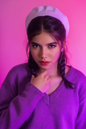 A photorealistic full-body portrait of a stunning 21yo hubggirl with perfect hands. She wears a vibrant purple sweater and double braids adorned with tiny earrings. Her shoulder-length purple hair is styled in intricate braids that cascade down her back. Her eyes are a deep, rich purple, framed by thick eyelashes and subtle makeup. A bold red lip color adds a pop of brightness to the overall gradient background, which transitions seamlessly from pink to purple. The subject's gaze is direct, with a hint of sassiness as she wears a trendy hat and sports a confident smile. Shut up, indeed!,Teenager 