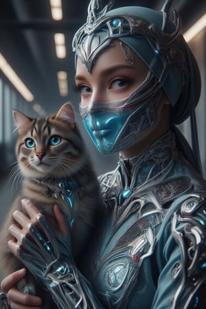 Close-up shot of a futuristic hijabi woman standing confidently in a sleek, high-tech environment. Her half-body view reveals a stunning cyan-colored jubah suit adorned with metallic gunmetal armor plates, encasing her torso. A mouth mask and protector headband complement the outfit, exuding a sense of resilience. In her hand, she cradles a black and grey cybernetic cat, its glowing blue eyes seeming to pulse in sync with her determination.