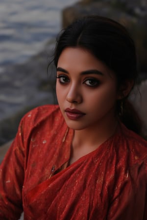 Raw photo of (18yo Kerala Beautiful young woman:1.1, (best quality, highres, ultra-detailed:1.2), This breathtaking photograph, shot on a Canon 1DX with a 50 mm f/2.8 lens, beautifully showcases the raw and authentic beauty of life. high resolution 8k image quality, vibrant colors, glowing dimond, glowing eyes, realistic Raw photo, realistic lighting, traditional Red saree,  exotic beauty, mesmerizing eyes, girl ,Thrissur,Mallu,Saree,35mm photo,epicphoto