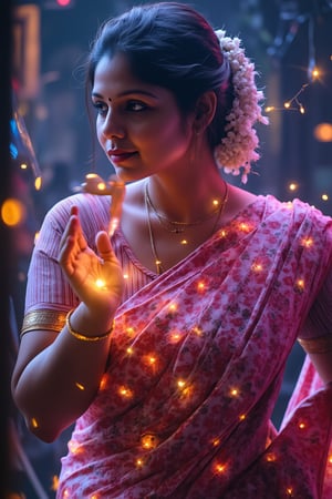 a mallu woman in saree,  fantasy beauty, biochemiluminescence, art nouveau, bright colors,  optical illusion 3D art), detailed textures, high quality, high resolution, high precision, realism , color correction, proper lighting settings, harmonious composition, Behance works,Young beauty spirit ,gem00d,Details,Details,Texture,Details,Sparkle Glowing 