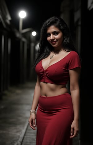 1girl, solo, long hair, looking at viewer, smile, black hair, dress, jewelry, standing, necklace, blurry, Red dress, bracelet, realistic, 28 years old, dark skin , dim light, drak atmosphere, low light , Midriff , plumb, curvy_figure 