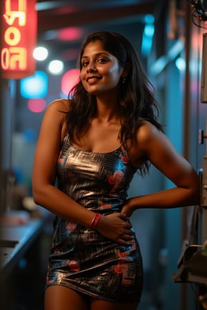 A woman posing confidently, radiant in a metallic dress with digital patterns and neon accents, against a blurred backdrop of vintage circuitry and neon lights. Soft, warm lighting highlights her features,  reflecting a digital glow. Her stylish gaze is set off by the retro-futuristic atmosphere, as if stepping out of a 1980s time capsule.,NeemoFairy,Liminal Space,Ambience Steampunk,Mallu beauty 