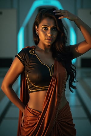 Tron legacy movie style, A stunning portrait of a 25-year-old woman wearing a saree, captured with a Canon 1DX and 50mm f/2.8 lens. The framing of the shot emphasizes her curves as she poses confidently, navel exposed. Soft, natural lighting accentuates her features, while the high-resolution image quality reveals intricate details in the fabric of her attire.,Girl25yo,Futuristic,XChrisx