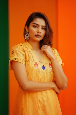 a woman dressed in a traditional Indian outfit stands in front of a vibrant orange backdrop. The woman's outfit is adorned with a yellow blouse, adorned with blue, red, and orange accents. She is wearing a pair of silver earrings, and a ring on her finger. Her hair is styled in a sleek bob, and her eyes are focused on the camera. She has a serious expression on her face, and she is wearing black lipstick. Her left hand is draped over her right shoulder, adding a touch of contrast to her outfit. The backdrop is a combination of green and orange, creating a striking contrast to the woman's body.,Payal