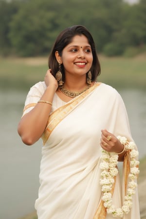 a woman dressed in a white saree adorned with gold bands and a gold necklace. She is adorned with a gold ring, earrings, and a garland of white flowers. Her hair is styled in a sleek bob, and she is smiling. The saree is draped over her left shoulder, adding a touch of contrast to her outfit. The backdrop is blurred, suggesting a natural setting.,Payal,Mallu beauty 