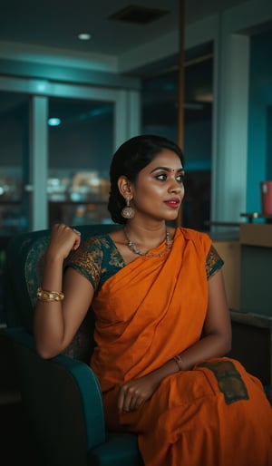 A beautiful mallu women in a train, realistic  raw photo, details, 8k, cinematic color grading, Teal and orange color lighting 