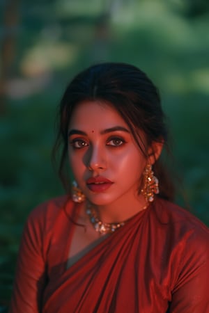 Raw photo of (18yo Kerala Beautiful young woman:1.1, (best quality, highres, ultra-detailed:1.2), This breathtaking photograph, shot on a Canon 1DX with a 50 mm f/2.8 lens, beautifully showcases the raw and authentic beauty of life. high resolution 8k image quality, vibrant colors, glowing dimond, glowing eyes, realistic Raw photo, realistic lighting, traditional Red saree,  exotic beauty, mesmerizing eyes, girl ,Thrissur,Mallu,Saree,35mm photo