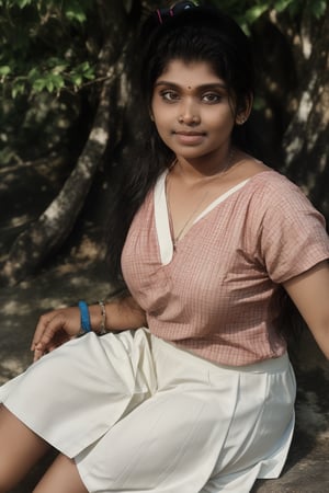 A  woman with long brown hair tied in a sleek ponytail:1, brown eyes gazes directly at the viewer from the edge of a lush green plant-filled backdrop. She wears a shirt with short sleeves, a pink skirt that falls just above her knees:1, and black footwear. A delicate silver necklace and matching bracelet adorn her wrist, accompanied by a sparkling ring on her left hand. Her dark skin glows with a subtle tan:1, adding depth to her natural beauty as she stands confidently in the frame, her smile radiant and inviting.,Mallu