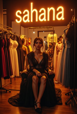 create me something beautiful, sexy, A beautiful woman, dressed in high fashion, sits on a throne in a luxurious boutique shop, surrounded by perfect cinematic lighting. Behind her, the shop's name "sahana" is displayed in oversized glowing letters, commanding attention. Girls in the background casually explore the dresses on display. The scene highlights both the elegance of the boutique and the glowing, bold shop name.,Enhanced all