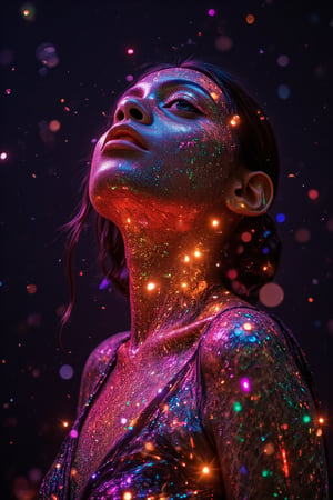 create  a beautiful lady, hayv kahramman style,glowing,bright,luminous skin,glowing brightly,warm light,radiant,soft,glowing skin and vibrant, luminous features,glowing visual effects,glowing particles,neon