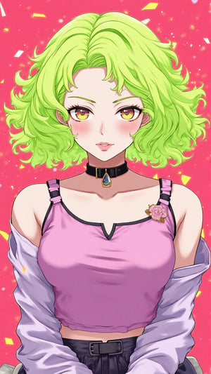 anime,BREAK, Vibrant pastel colors, limited_palette, restricted_palette, 1girl, smug, piercing neon eyes, Neon, magazine_cover, bright lime green hair, flat red background, head_tilt, heterochromia,xamala