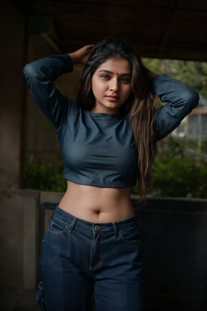 1girl, Kerala beautiful women 18 years old, solo, long hair, brown hair, shirt, t  shaped navel, outdoors, pants, sandals, denim, jeans,  photo background,Tamil girl