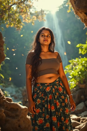 A stunning Big navel woman standing near Athirappilly waterfalls, cinematic shot, ultra-realistic details, midriff exposed, Deep navel, sunlight illuminating her face, light rays filtering through the trees, lush greenery around, falling leaves gently drifting from the trees, mist from the waterfall adding a dreamy effect, dramatic depth of field, 8K resolution.,Fantasy Regal Artgem,XChrisx