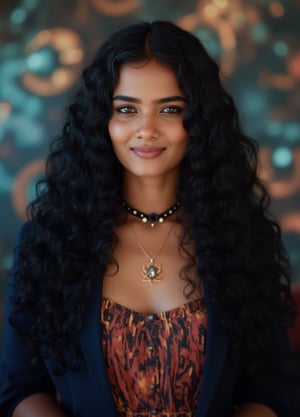 Capture a masterpiece of photography featuring a stunning girl with long, curly black hair (1.1) and intricate details in her school uniform, complete with a miniskirt and random colors. The scene is set in front of a striking fractal pattern (abstract) that creates a sense of depth and dimensionality. Professional HDR lighting (8k UHD RAW photo) casts a cinematic glow, accentuating the subject's features while also capturing the subtle play of iridescent lighting on her skin. Jewelry (1.4) adorns her neck, drawing attention to her radiant smile as she faces the viewer directly. The image is rendered in breathtaking detail, with every curl of hair and fold of fabric meticulously captured. Apply a realistic LUT for a true-to-life representation.,SH,Yakshi28 