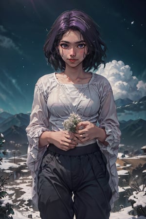 (4k), (masterpiece), (best quality),(extremely intricate), (realistic), (sharp focus), (cinematic lighting), (extremely detailed), standing, pale white skin, extreme white hair, 

A young adult girl with long cosmic purple hair.
The girl has a look of pure contentment on her face. 
She is happy and relaxed, and she is enjoying her time.

A meadow on a snow covered mountaintop overlooking a breathtaking valley. The sky is clear blue, and the air is fresh and crisp. The young woman is watching the clouds drift by. She feels at peace with the world, and she is grateful for the beauty that surrounds her. 

She is wearing a pair of yoga pants and a loose-fitting top

,flower4rmor
,cloud,neotech,blurry_light_background,DonM4lbum1n,DonMChr0m4t3rr4 ,Detailedface,Pixel art,photorealistic,ghibli style,girl,midjourney,sunset_scenery_background,	 SILHOUETTE LIGHT PARTICLES,fantasy00d