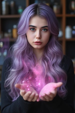 long wavy lavender haired beautiful witch with emerald green eyes and weaving a spell causing pink magical particles to appear iover her head between her hands. background in a witch alchemy lab.,Girl16yo