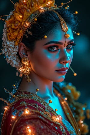 a mallu woman in saree, navel. 

  fantasy beauty, biochemiluminescence, art nouveau, bright colors,  optical illusion 3D art), detailed textures, high quality, high resolution, high precision, realism , color correction, proper lighting settings, harmonious composition, Behance works,Details,Details,Texture,Details 