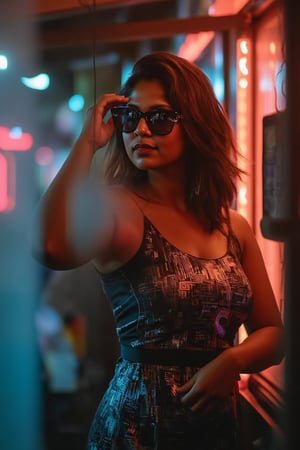 A woman posing confidently, radiant in a metallic dress with digital patterns and neon accents, against a blurred backdrop of vintage circuitry and neon lights. Soft, warm lighting highlights her features, oversized glasses with futuristic lenses reflecting a digital glow. Her stylish gaze is set off by the retro-futuristic atmosphere, as if stepping out of a 1980s time capsule.,NeemoFairy,Liminal Space,Ambience Steampunk,Mallu beauty 