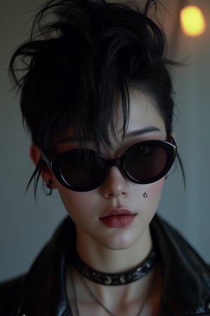 dol of chicago, a beautiful slim curvy pale goth girl with asymmetrical punk rock hair and badass euro design sunglasses. mole on cheek. half portrait by stanley artgerm, dramatic lighting, by nagel, shin jeongho, nick silva and ilya kuvshinov, deviantart