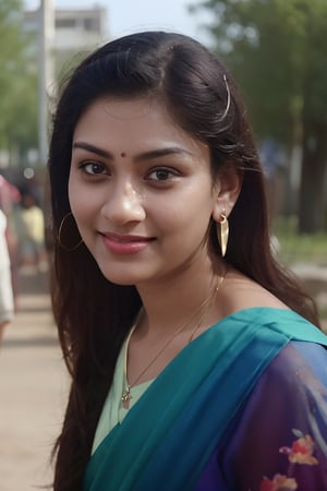 Malayalam movie actress unni mary:1.5, 1girl, solo, long hair, looking at viewer, smile, black hair, jewelry, earrings, outdoors, day, necklace, blurry, lips, blurry background, , realism