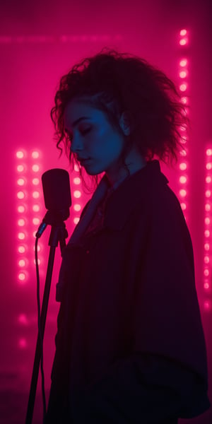 cinematic, A woman stands in front of a microphone under soft, warm lighting, with a reflective backdrop of pink lights behind her. Her expression is calm and introspective, creating a quiet and intimate atmosphere, as if she’s performing or about to speak, film grain, Short telephoto focal length, shot on ALEXA 65