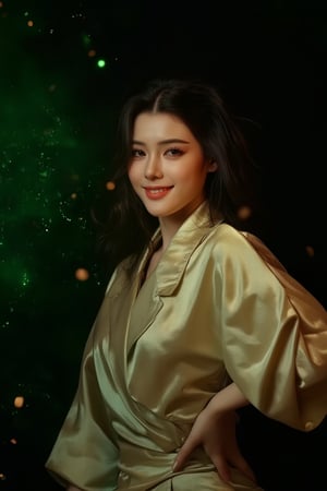 A very bad yet beautiful and charming woman with closed eyes, standing in a black background. She has golden silky hair, luxurious jewelry hairpins, and super gorgeous clothes with a fashionable hairstyle. One hand is on her waist, and she exudes an elegant and friendly smile, looking down at the camera with an unmistakable smile. The light scene features a partially blurred background, highlighting her stunning appearance. Green particles of wavelengths surround her, glowing beautifully and floating in the air. The image is a stunning and attractive masterpiece with 128K resolution, showcasing detailed textures.,Details,skin texture,Fantasy cosplay,Asian,Cosplay costume 