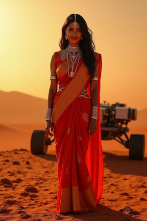 Mars Explorer in Traditional Attire
"A stunning Indian woman stands on the red, rocky surface of Mars, blending elements of her cultural heritage with futuristic technology. She wears a sleek, saree, with glowing neon accents, customized to reflect traditional Indian motifs, such as intricate gold patterns and a sari-like drape over her shoulder. Rover bihind Her,  revealing a radiant face with sharp, determined eyes. The harsh Martian environment contrasts with her beauty, while the backdrop features the dusty Martian landscape, distant planets, and a futuristic space colony on the horizon. The lighting is dramatic, with warm tones highlighting the red sands of Mars, creating a powerful, cinematic scene captured in ultra-realistic photography.",Futuristic 