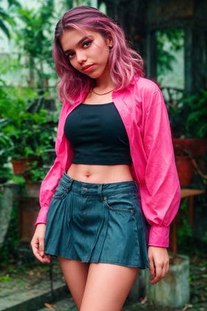 A solo girl with pink hair and medium breasts looks directly at the viewer from a cowboy shot indoors. She's wearing a black miniskirt and thighhighs, her collarbone and navel visible. A necklace and earrings adorn her neck. Her parted lips are emphasized as she holds a bag, with a blurry background to focus attention on her. The overall style is realistic, with a focus on shopping,  showcasing her bare shoulders and navel. She's wearing denim shorts and an off-the-shoulder pink shirt, with a small mole visible above her lips. The overall style is realistic, with a focus on casual fashion featuring short shorts, 