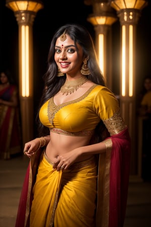 (8K, Raw-Photo, Top Quality, ​masterpiece: 1.1),hyper detailed, 1girl, yound beautiful Indian girl, Indian white face without makeup, film, photography realism, smooth skin, ultra hd, 25 year old,proper breasts ,pretty face, attractive body shape, realistic ,1 girl,yellow pair of flared pants(sharara)_dress,, looking gorgeous,shot with Canon EOS R5, 85mm lens,full body view , only,stood near drum bands, decorative stage,smiling, one of them is laughing, super realistic,unmarried fashion, different yellow indian  sharara dresses,Big eyes 